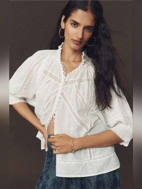 Anthropologie Relaxed Fit Puff Sleeve Victorian Blouse White Cotton